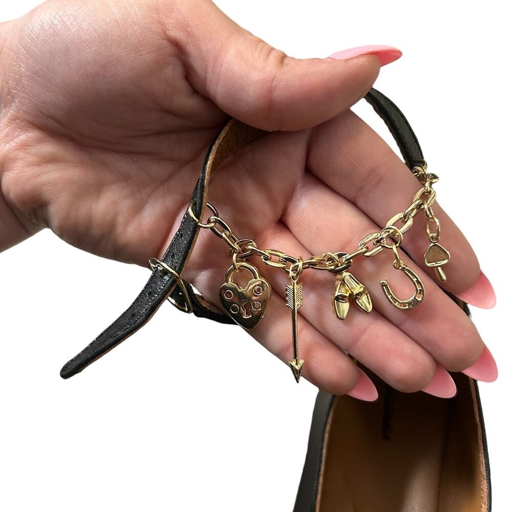 Free People Mystic Treasures Black Leather Charm Ankle Strap Ballet Flats Size 8 - Picture 4 of 6
